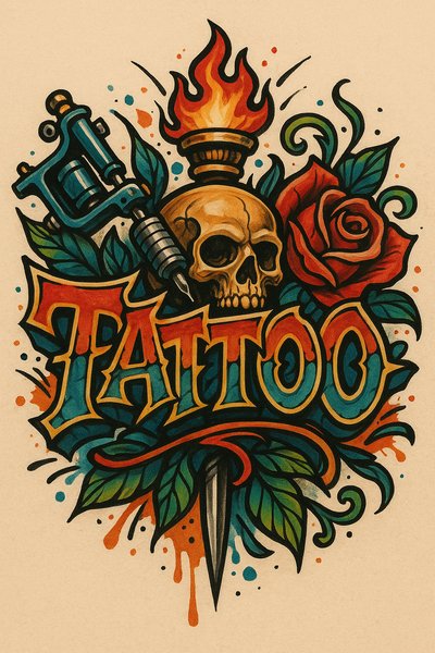 Colorful Tattoo Art with Skull and Rose Design