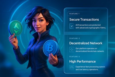 Futuristic Woman Showcasing Crypto Coins in Digital Environment