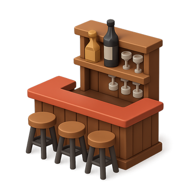 Stylish 3D Bar Counter Icon with Bottles and Stools