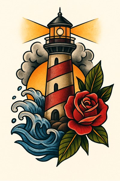 Vibrant Lighthouse and Rose Tattoo Design