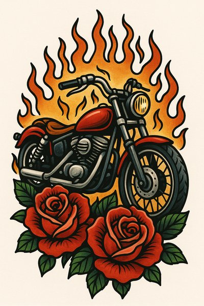 Vintage Motorcycle Illustration with Flames and Roses