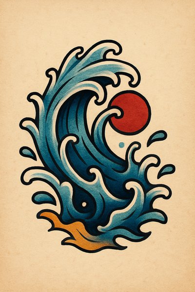 Stylized Wave and Sun Illustration on Vintage Background