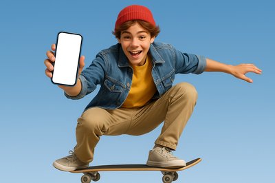 Teen Skateboarder Holding a Phone in Mid-Jump
