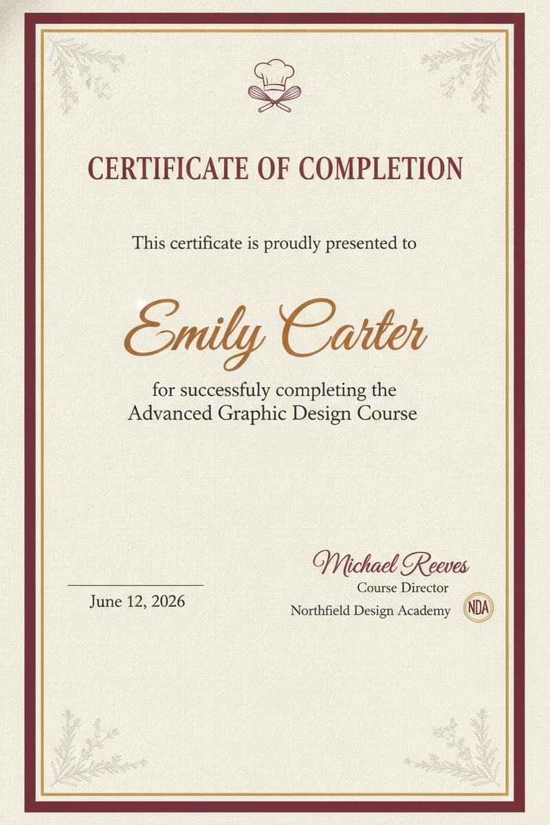 Elegant culinary completion certificate