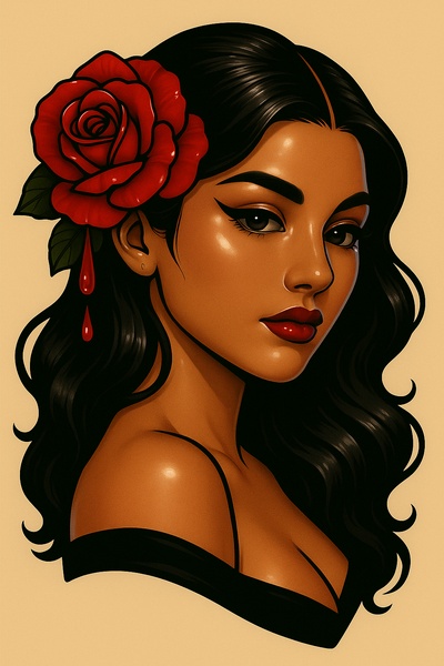Glossy Portrait of a Girl with a Rose and Demon