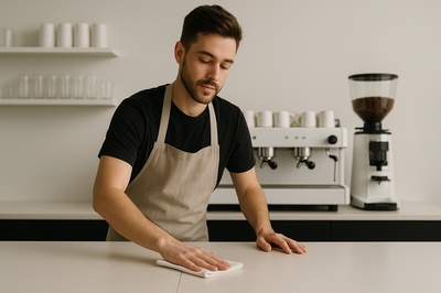 Barista Cleaning Stylish Counter in Minimalist Cafe