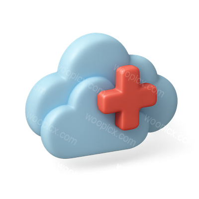 Stylized 3D Cloud Icon with Red Plus Sign
