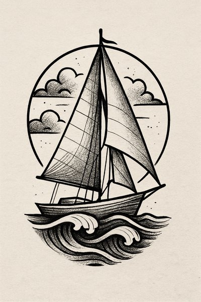 Stylized Sailboat Illustration with Waves and Clouds