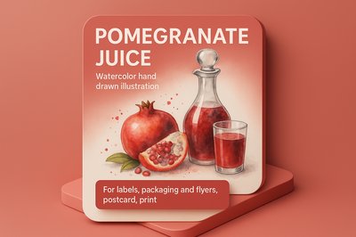 Watercolor Illustration of Pomegranate Juice for Label Design