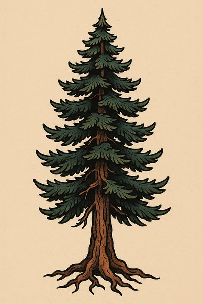 Illustration of a Tall Evergreen Tree with Detailed Roots