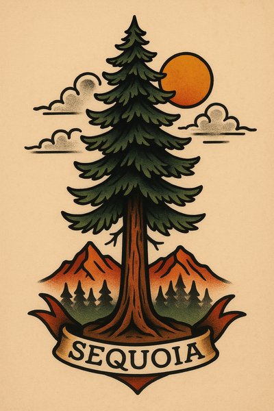 Illustrative Sequoia Tree Artwork with Mountains and Sun