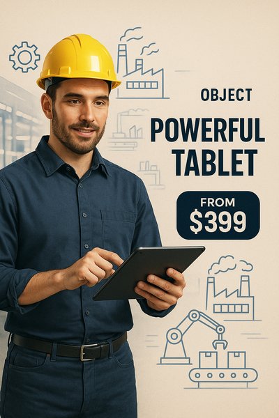 Dynamic Modern Factory Advertisement Featuring a Powerful Tablet