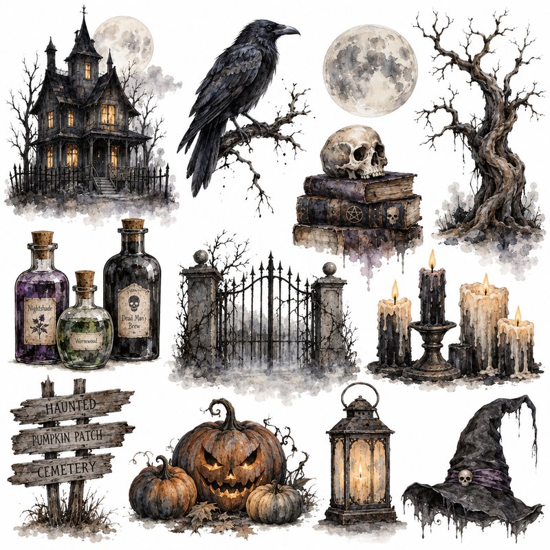 Spooky Halloween watercolor elements