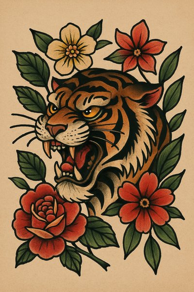 Vibrant Traditional Tiger Tattoo Design with Flowers