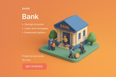 Detailed 3D Bank Scene with Small Characters and Elements