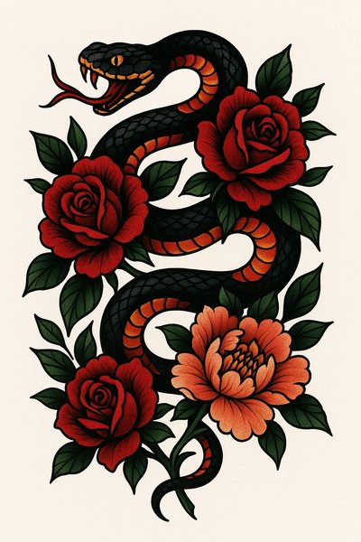 Traditional Tattoo Design Featuring Snake and Roses