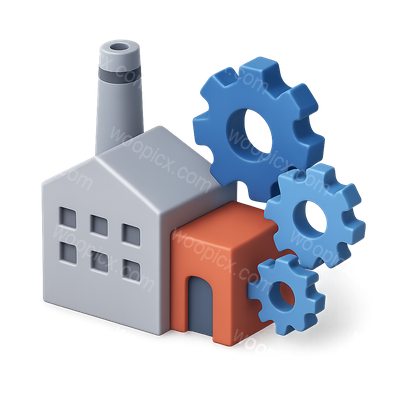 Stylized 3D Factory Icon with Gears