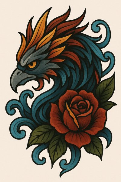 Vibrant Phoenix and Rose Tattoo Design
