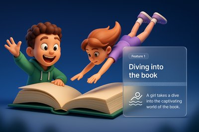 Excited Boy Watching Girl Dive into Book Illustration