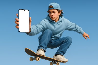 Teen Skateboarder Jumping with a Phone in Hand