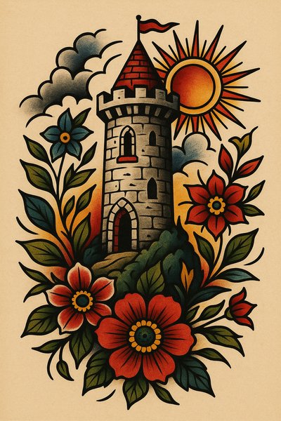 Colorful tattoo design featuring a castle and flowers
