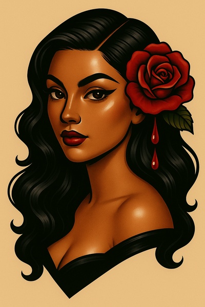 Glossy Portrait of a Woman with a Demon Theme