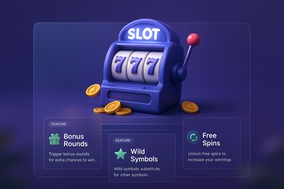 3D Illustration of a Slot Machine with Features Display
