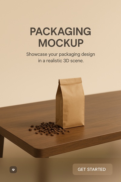 Realistic Coffee Bag Packaging Mockup with Beans on Table