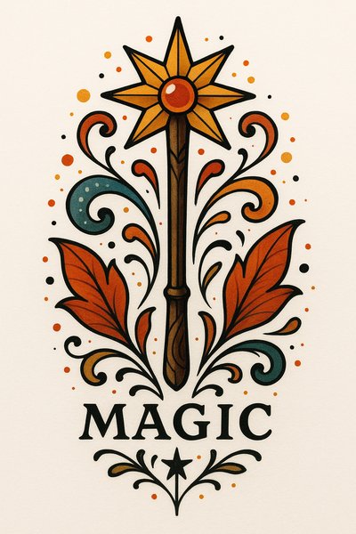 Illustrative Magic Wand Design with Floral Elements