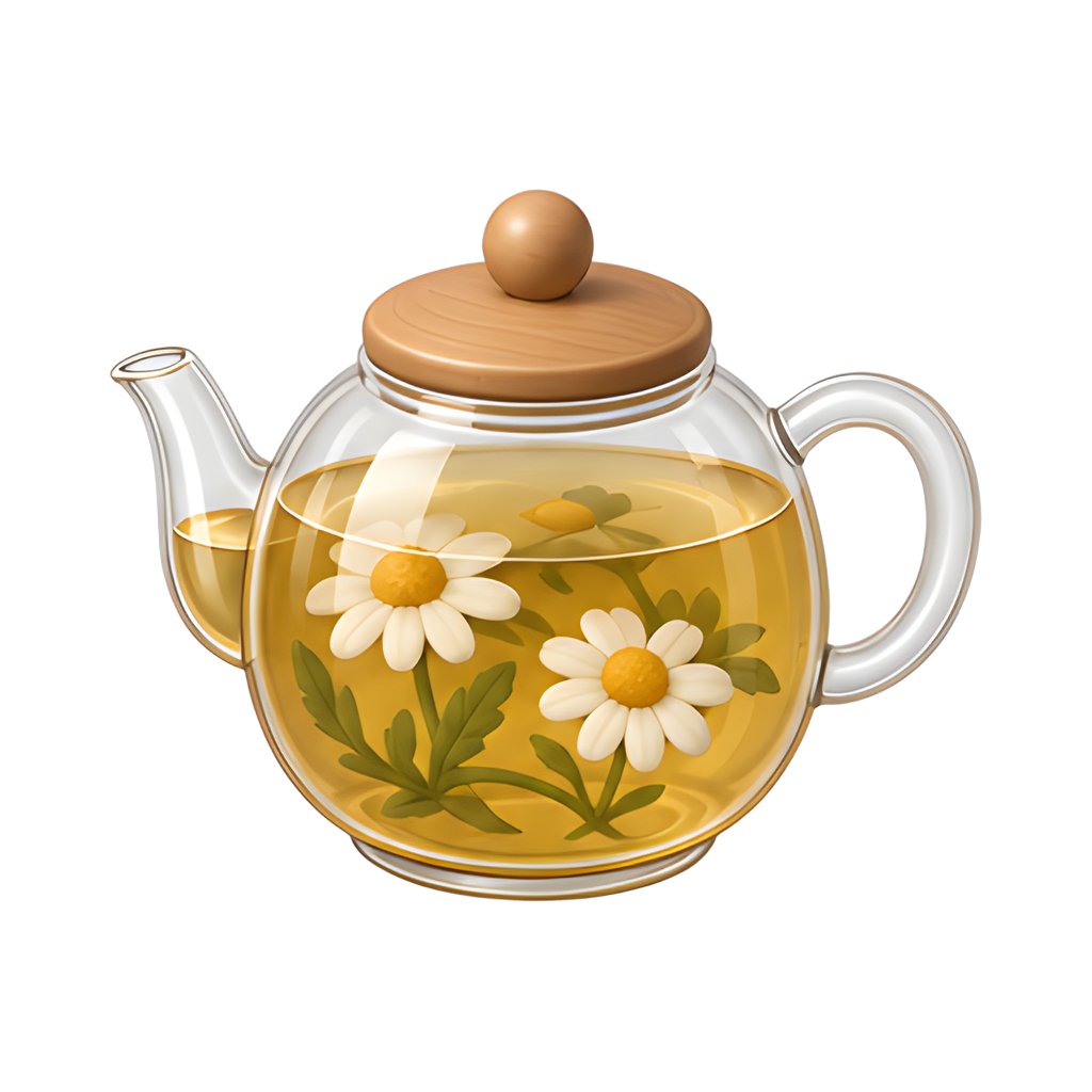 delicate glass teapot with chamomile