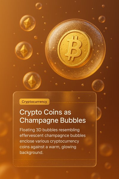 Crypto Coins Represented as Champagne Bubbles in 3D Illustration
