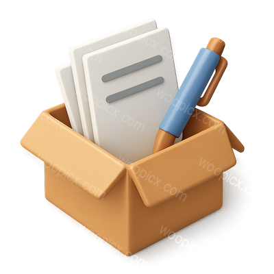 3D Icon of Open Box with Documents and Pen