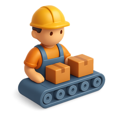 3D Assembly Worker Icon on Conveyor Belt
