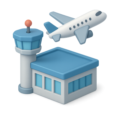 Stylized 3D Airport Icon with Control Tower and Airplane