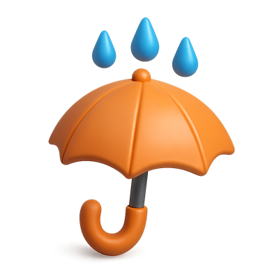 Stylish 3D Orange Umbrella Icon with Raindrops