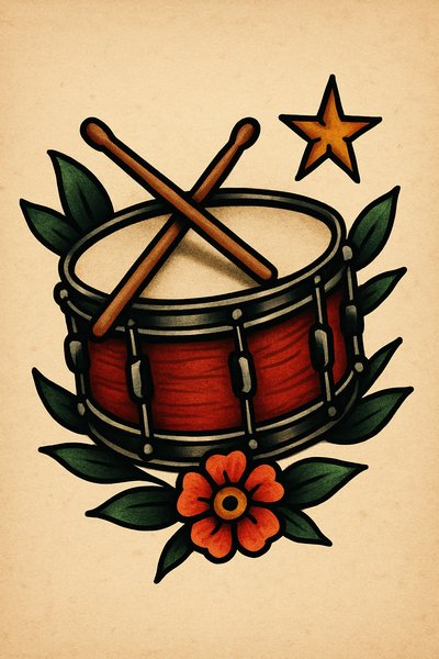 Illustrative Tattoo Style Drum with Floral Elements