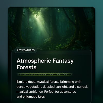 Enigmatic Fantasy Forest with Sun Rays and Lush Greenery