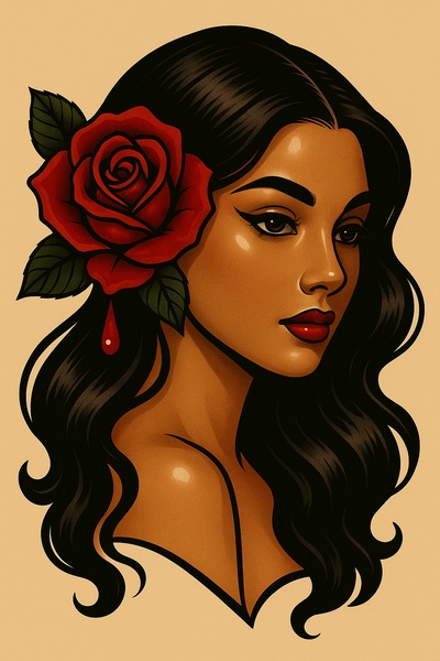 Stylized Portrait of a Woman with a Blood-Dripping Rose