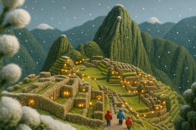 Whimsical Woolen Machu Picchu Scene with Holiday Cheer