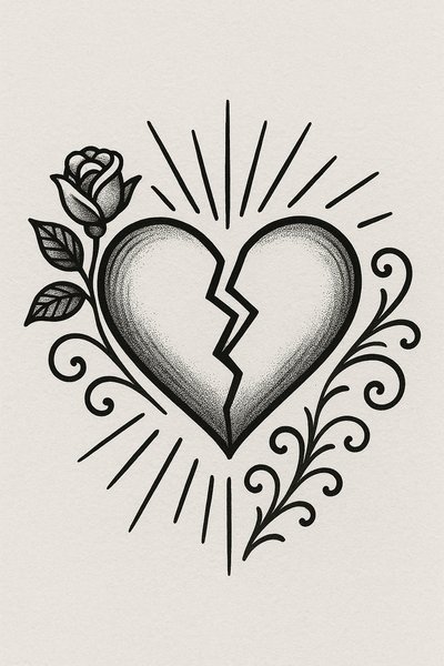 Stylized Broken Heart Illustration with Floral Elements