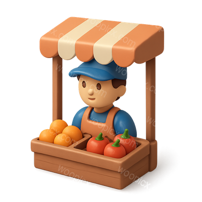 3D Market Vendor Icon with Fruits in a Stall