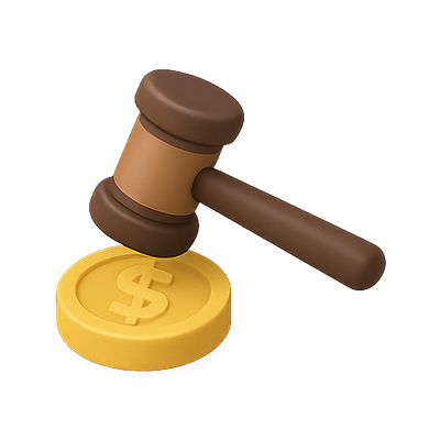 3D Illustration of Gavel and Dollar Coin Symbolizing Justice and Finance