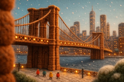 Cozy Knit Brooklyn Bridge Scene in Winter