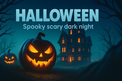 Spooky Halloween Landscape with Pumpkins and Haunted House