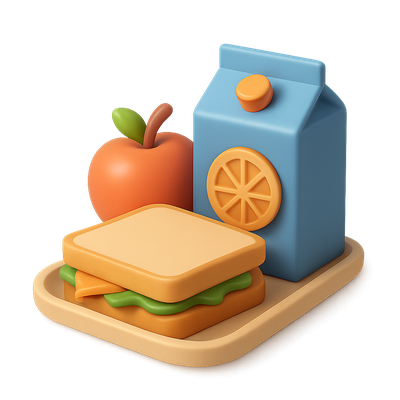3D Lunch Icon with Sandwich, Apple, and Juice Box