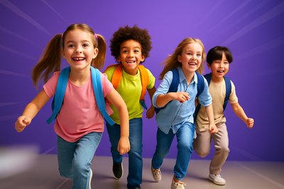 Cheerful Children Running in School Corridor