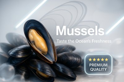 Premium Quality Mussels Display with Freshness Theme