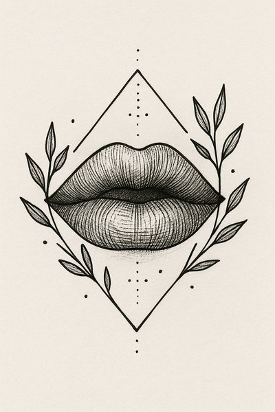 Stylized Illustrated Lips Surrounded by Leaves
