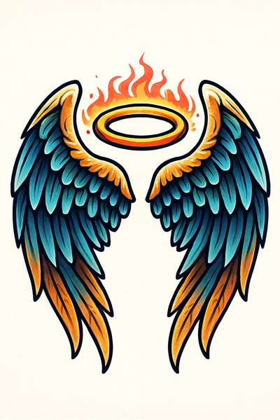 Colorful Angel Wings with Flaming Halo Illustration