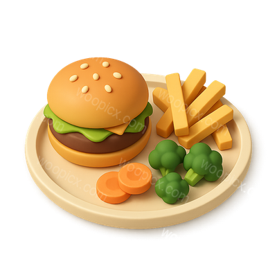 3D Icon of a Burger and Fries on a Plate